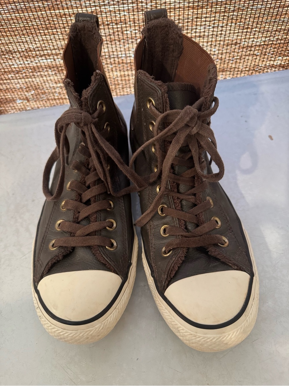 Chuck Taylor Leather Converse Brown High-Top Sneakers with White Toe Caps - Picture 9 of 10
